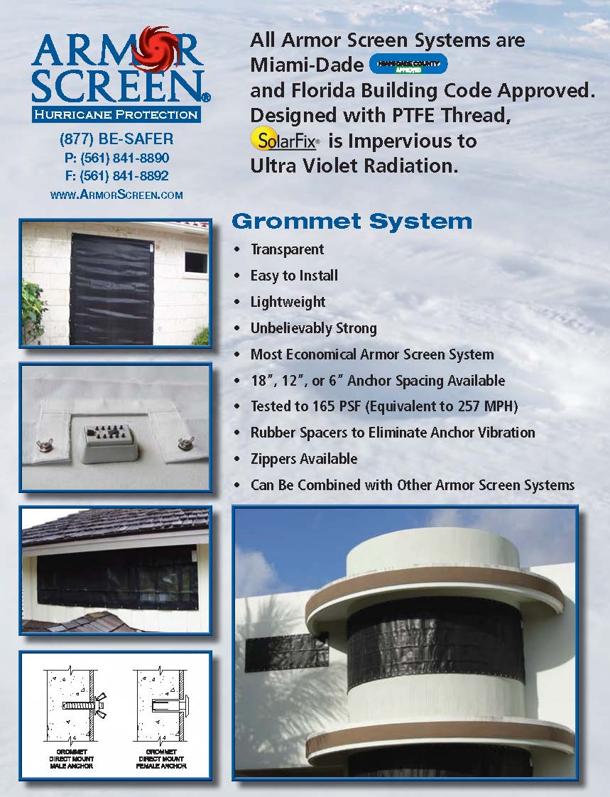 Hurricane Protection Armor Screen grommet system
